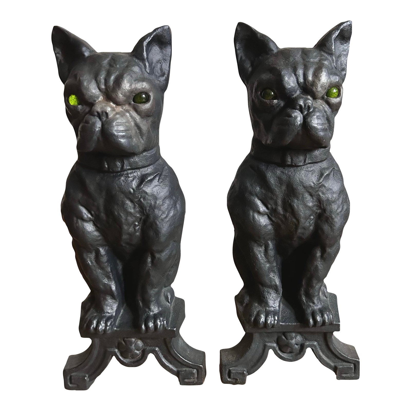 Pair of Early 20th Century Cast Iron French Bulldog Andirons With Green