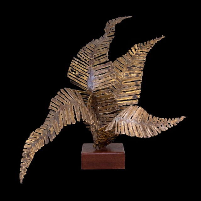 Mid-Century Modern Mid-Century Modern Brutalist Torch Cut Brass Fern Sculpture W/ Wood Base For Sale - Image 3 of 4