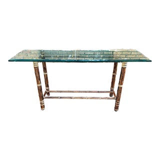 20th Century McGuire Furniture Rattan & Beveled Glass Console Table For Sale