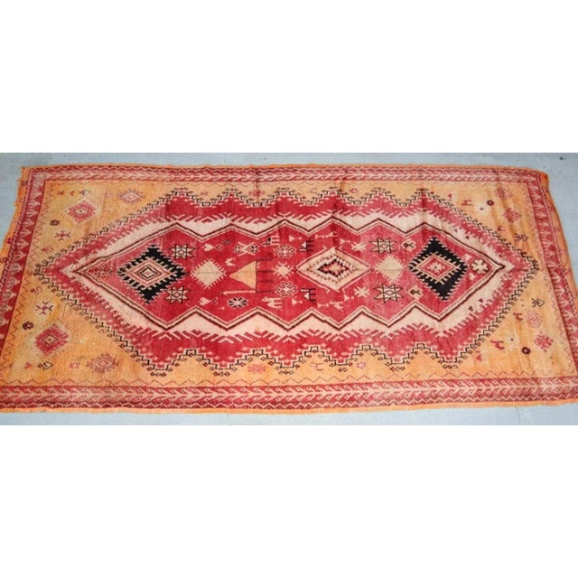 Tribal Vintage Moroccan Berber Rug in Saffron, Coral and Black, 71 X 145 In, 1960s For Sale - Image 3 of 12