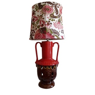 Vintage German Table Lamp with Interior-Lit Red-Brown Ceramic Foot, Double Handle &Suitable Patterned Fabric Screen, 1970s For Sale