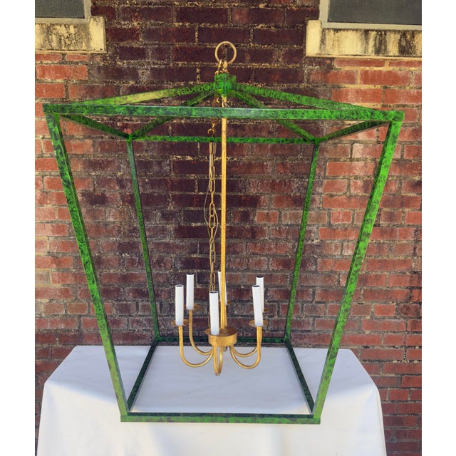 Late 20th Century Contemporary Tony Duquette Style Faux Malachite and Hand Gilt Lantern Chandelier by Turtle and Crane - Newly Painted For Sale - Image 5 of 12