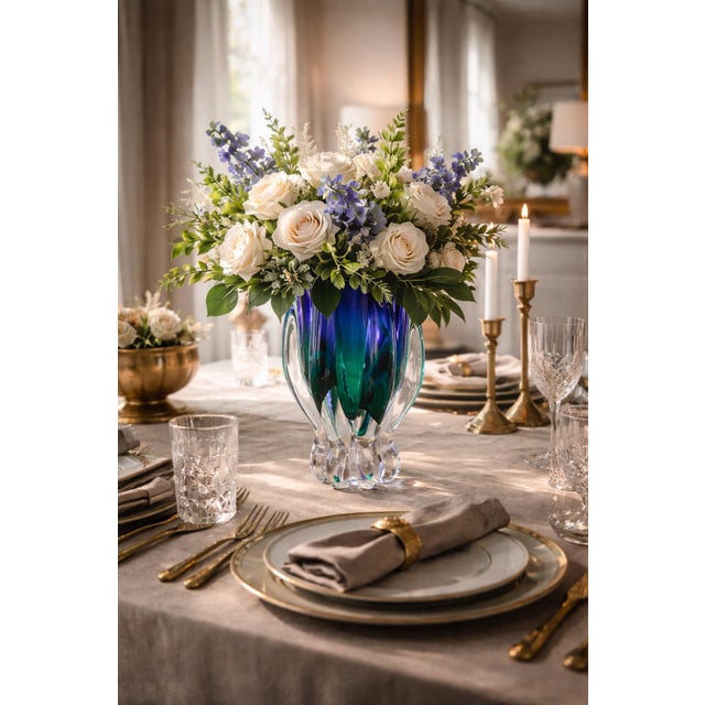 A striking late 20th century art glass vase in rich cobalt and emerald green tones, produced by Royal Gallery for...