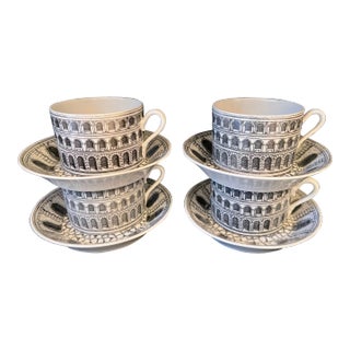 Vintage 1951 Fornasetti Archittura Cappuccino Cups and Plates Set- 8 Pieces For Sale