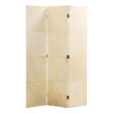 A Three Panel Parchment Covered Folding Screen, in the Manner of Jean-Michel Frank. Contemporary. For Sale