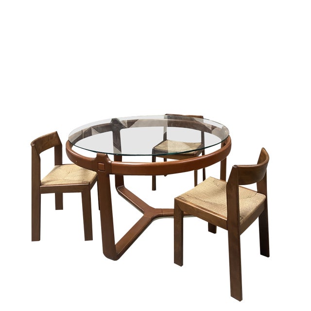 Mid-Century Modern Italian Round Cherry Wood Table with Smoked Glass Top and 3 Wooden Chairs in the style of Ceccotti. 1970s, Set of 4 For Sale