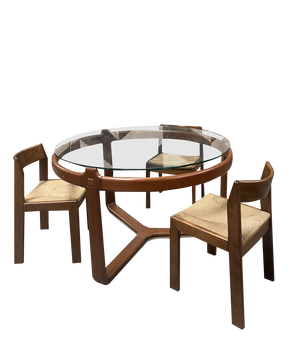 Mid-Century Modern Italian Round Cherry Wood Table with Smoked Glass Top and 3 Wooden Chairs in the style of Ceccotti. 1970s, Set of 4