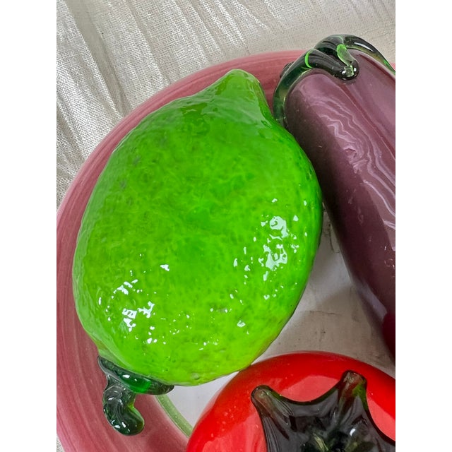 Vintage Art Glass Fruit Centerpiece on Portuguese Plate Tomato Lemon Eggplant For Sale - Image 9 of 10