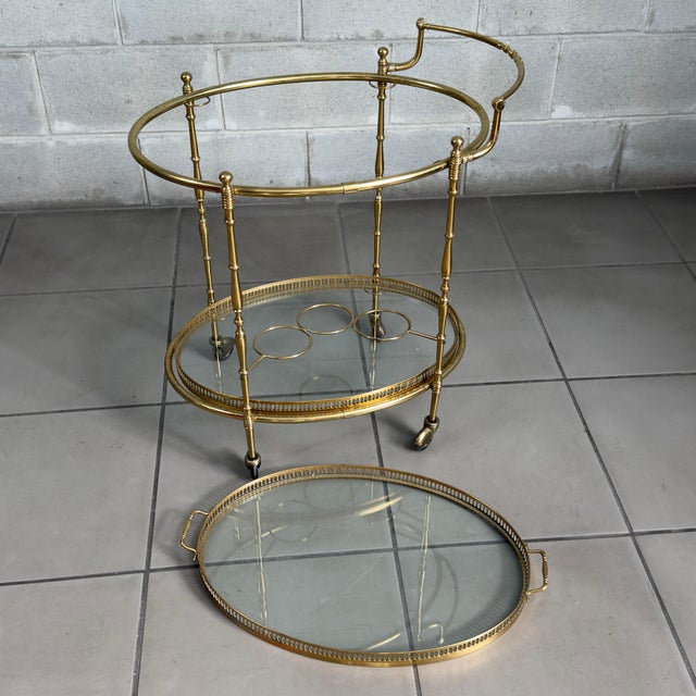 Metal Vintage Brass Glass Food Cart in the style of Maison Jansen, 1960s For Sale - Image 7 of 15