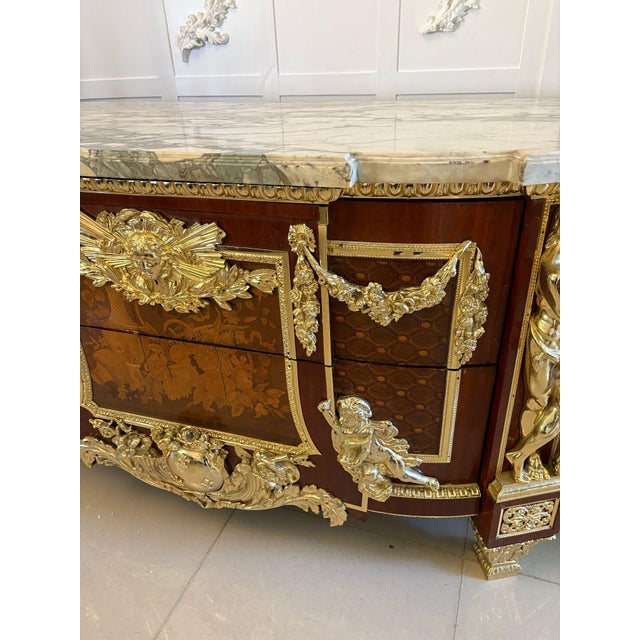 Antique Louis XVI Style of Mahogany, Fruitwood Marquetry & Gilt Bronze Mounted Commodes after the Original by Jean-Henri Riesener, 1900s, Set of 2 For Sale - Image 12 of 18