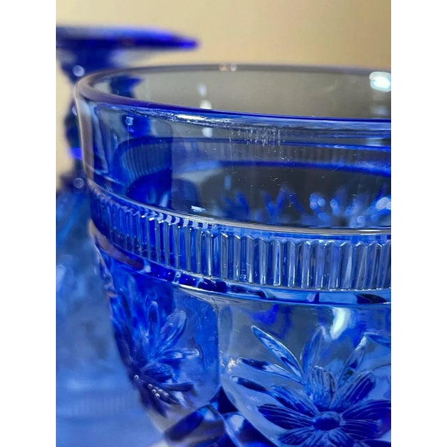 Set of 7 Intense Blue Early American Pattern Glass Floral Wine Goblets For Sale - Image 11 of 12
