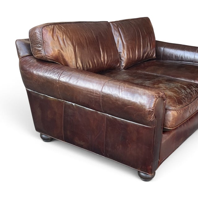 Restoration Hardware Brown Leather Two-Cushion Sofa With Rolled Arms and Bun Feet For Sale - Image 14 of 14