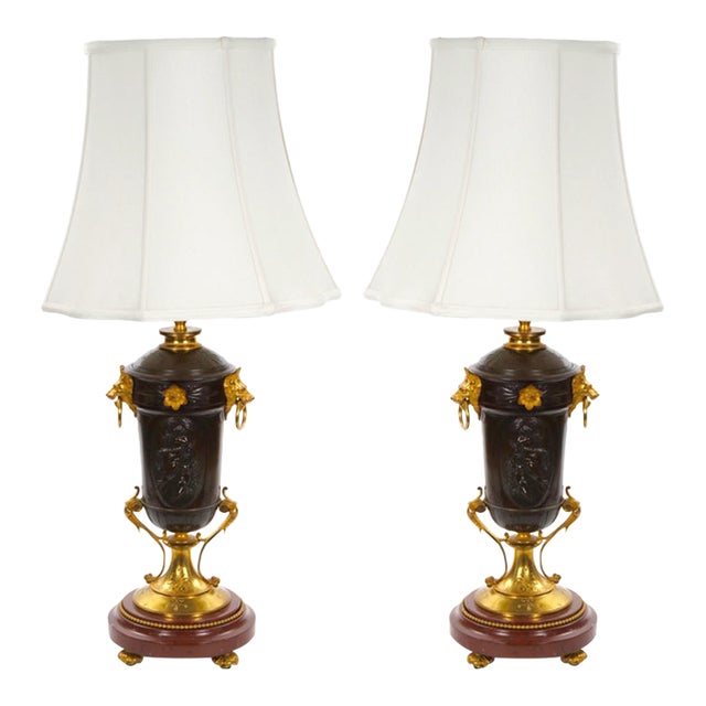 19th Century French Patinated and Gilt Bronze Urn Shape Table Lamps, Circa 1855 For Sale
