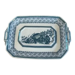 Antique Blue & White Aesthetic Movement Wedgwood Birds Transferware Platter Under Plate