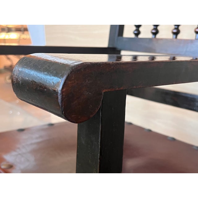 19th Century Spanish Pair of Rocking Carved Armchairs With Leather Seat & Back For Sale - Image 11 of 12