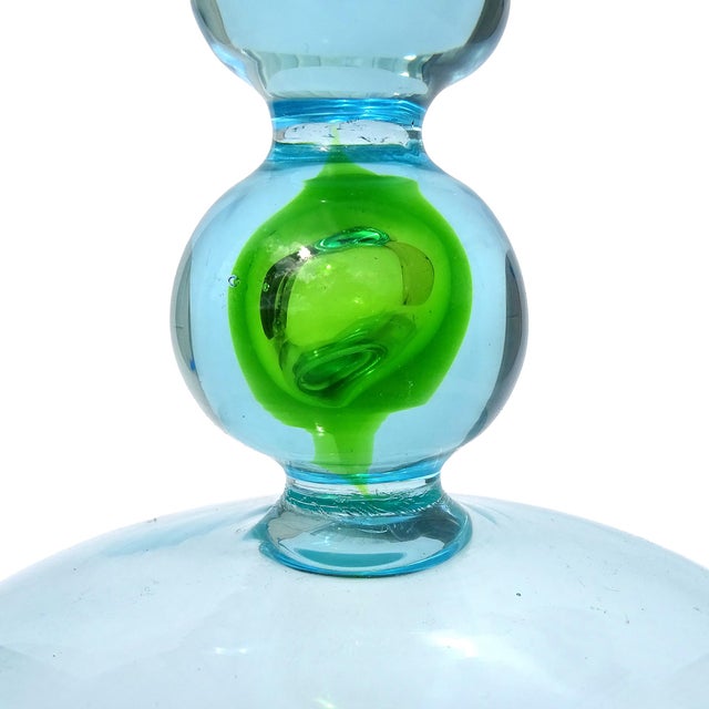 Vintage Murano Cenedese Da Ros Sommerso Green Blue Italian Art Glass Spike Top Spage Age Container Jar For Sale In Orlando - Image 6 of 9