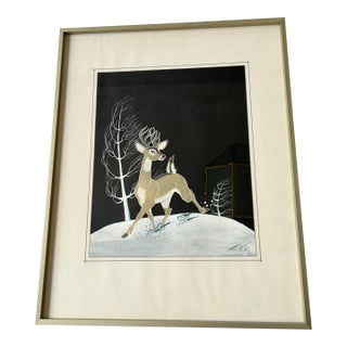 Mid 20th Century “Deer in Winter” Offset Lithograph by Beatien Yazz For Sale