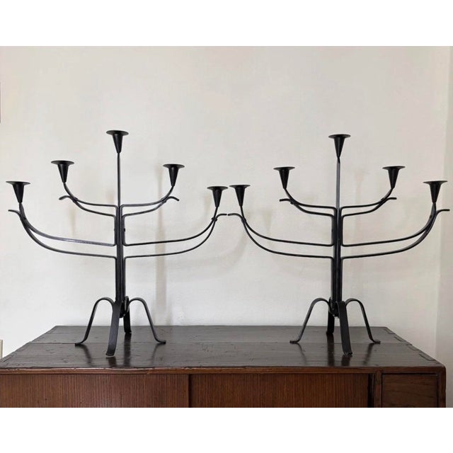 Brutalist Pair of Vintage Spanish Brutalist Iron Candelabras 5 Candle Holder Large! MCM For Sale - Image 3 of 10