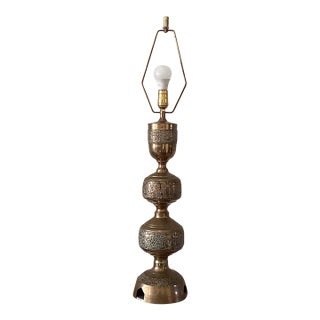 Vintage Asian Inspired La James Mont Style Intricately Carved Heavy Brass Lamp Circa 1940 For Sale