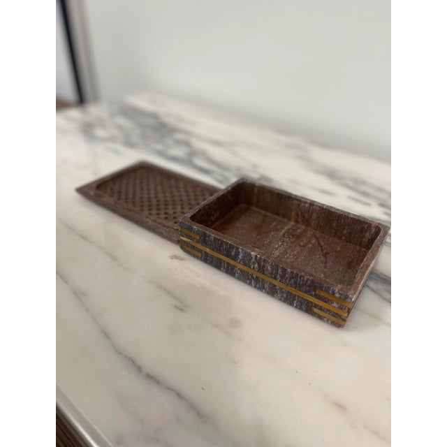 1950s Vintage Warm Grey Perforated Stone Box With Brass Inlay For Sale - Image 4 of 12