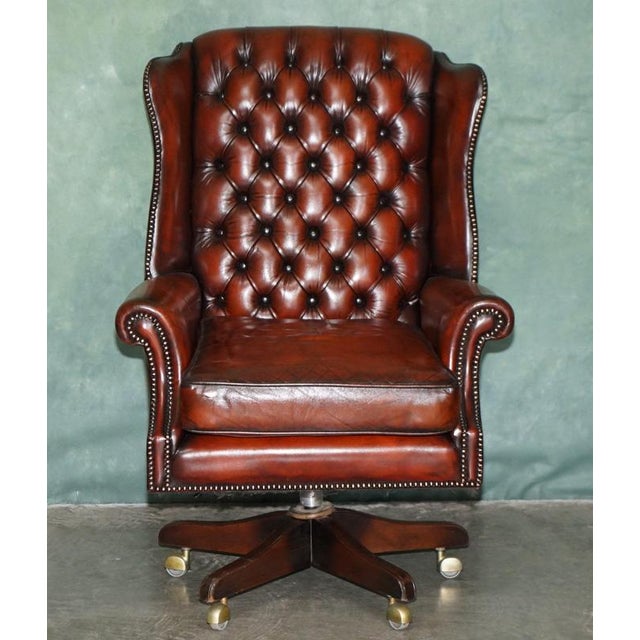 Vintage 1970s Fully restored Harrods London Chesterfield tufted hand dyed leather wingback swivel office chair A...