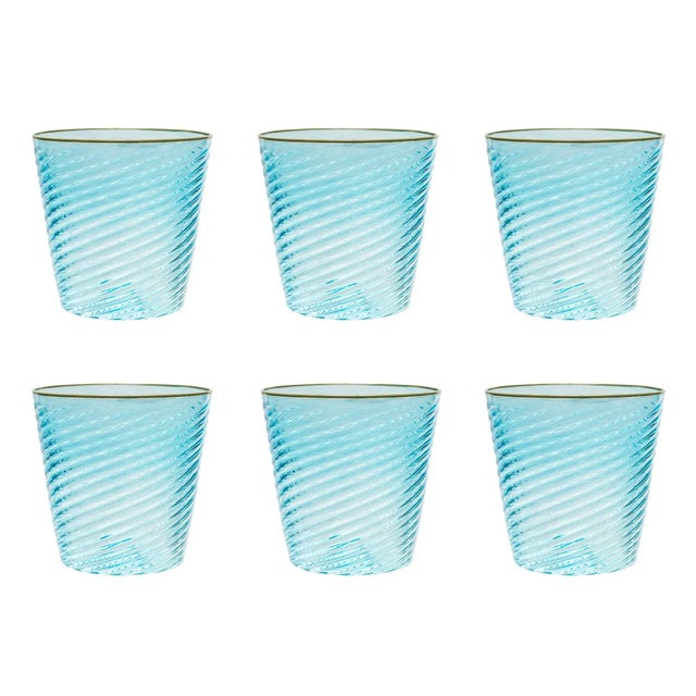 Modern Celerie Kemble Glassware for Chairish Twisty Cups in Capri Blue with Pea Green Rim, Set of 6 For Sale - Image 3 of 6