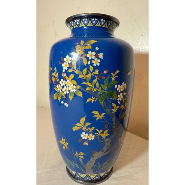Japanese Fine Antique Sterling Silver Mounted Japanese Enameled Blue Cloisonne Vase For Sale - Image 3 of 15