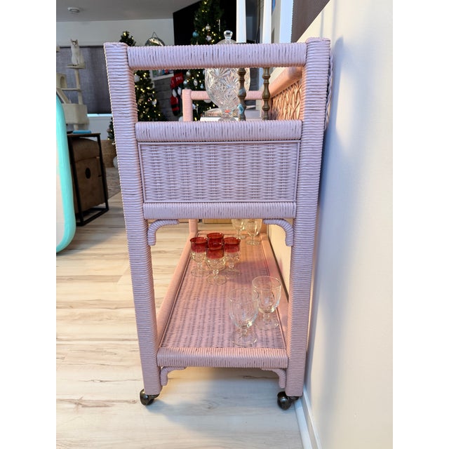 Rose Vintage Henry Link Wicker Bar Cart / Side Table - Two Drawers & Casters For Sale - Image 8 of 12