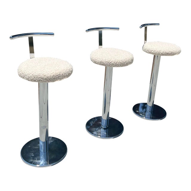 1980s Vintage Postmodern Japanese Chrome Swivel Counter or Barstools Boucle - Set of 3 For Sale