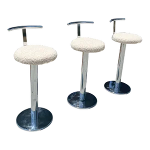 1980s Vintage Postmodern Japanese Chrome Swivel Counter or Barstools Boucle - Set of 3