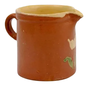 19th Century French Redware Pitcher With White Flower Decor