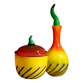 Kontiki Hand-Blown Art Glass Carafe and Lidded Box by Nanny Still for Rosenthal Studio Line, 1993, Set of 2 For Sale