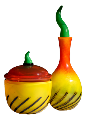 Kontiki Hand-Blown Art Glass Carafe and Lidded Box by Nanny Still for Rosenthal Studio Line, 1993, Set of 2