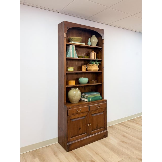 Handmade Pine Walnut Tone Bookcase Desk Drawers Cabinet Antique Style For Sale - Image 12 of 16