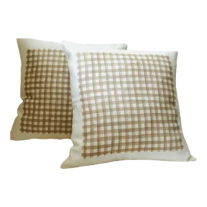 Pair of Taupe and White Check Linen Pillows