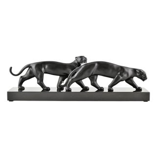 Luc Alliot, Art Deco Panthers Sculpture, 1930, Bronze on Marble Base For Sale