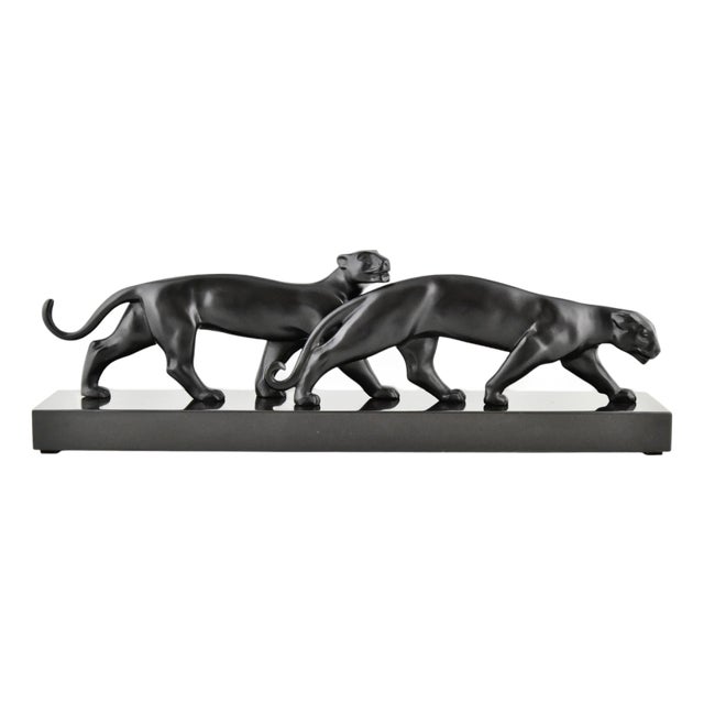 Luc Alliot, Art Deco Panthers Sculpture, 1930, Bronze on Marble Base For Sale