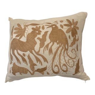 Hand Embroidered Mexican Pillow Light Brown For Sale