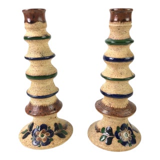 Vintage Mexican Tonala Pottery Handcrafted Candlesticks - Set of 2 For Sale