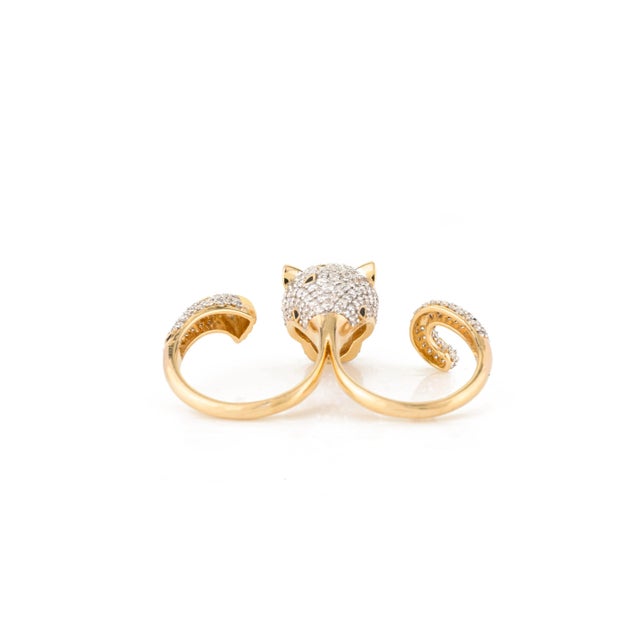 Gold Contemporary 2.06ct Cluster Diamond & Emerald Panther Two Finger Ring in 18k Solid Gold For Sale - Image 8 of 14