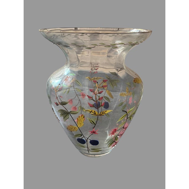 Antique Bohemian Art Glass Vase Hand Painted Enamel Floral Gold Rim 11.5” For Sale - Image 6 of 10