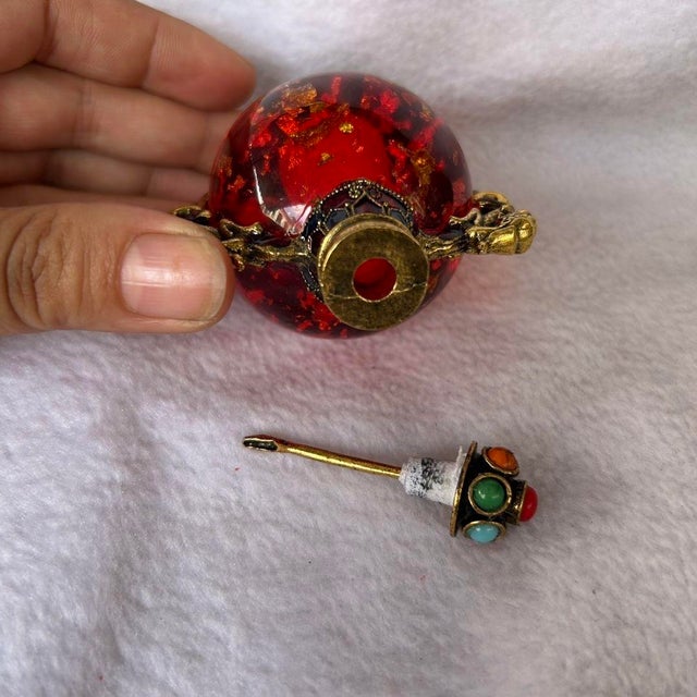 Chinese Vintage Red Glass Snuff Bottle — Gilt Bronze Dragon-Handled Moon Flask With Jeweled Stopper and Enamel Mounts For Sale - Image 3 of 8