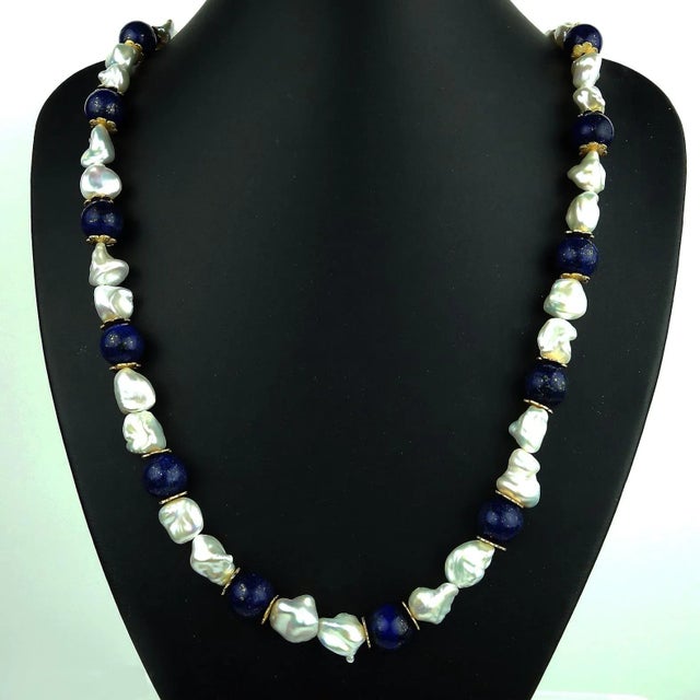Metal Keshi Pearl and Lapis Lazuli Necklace June Birthstone For Sale - Image 7 of 12