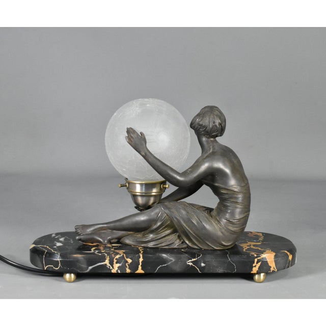 Black French Art Deco Lamp with Lady and Glass Globe Shade, 1920s For Sale - Image 8 of 16
