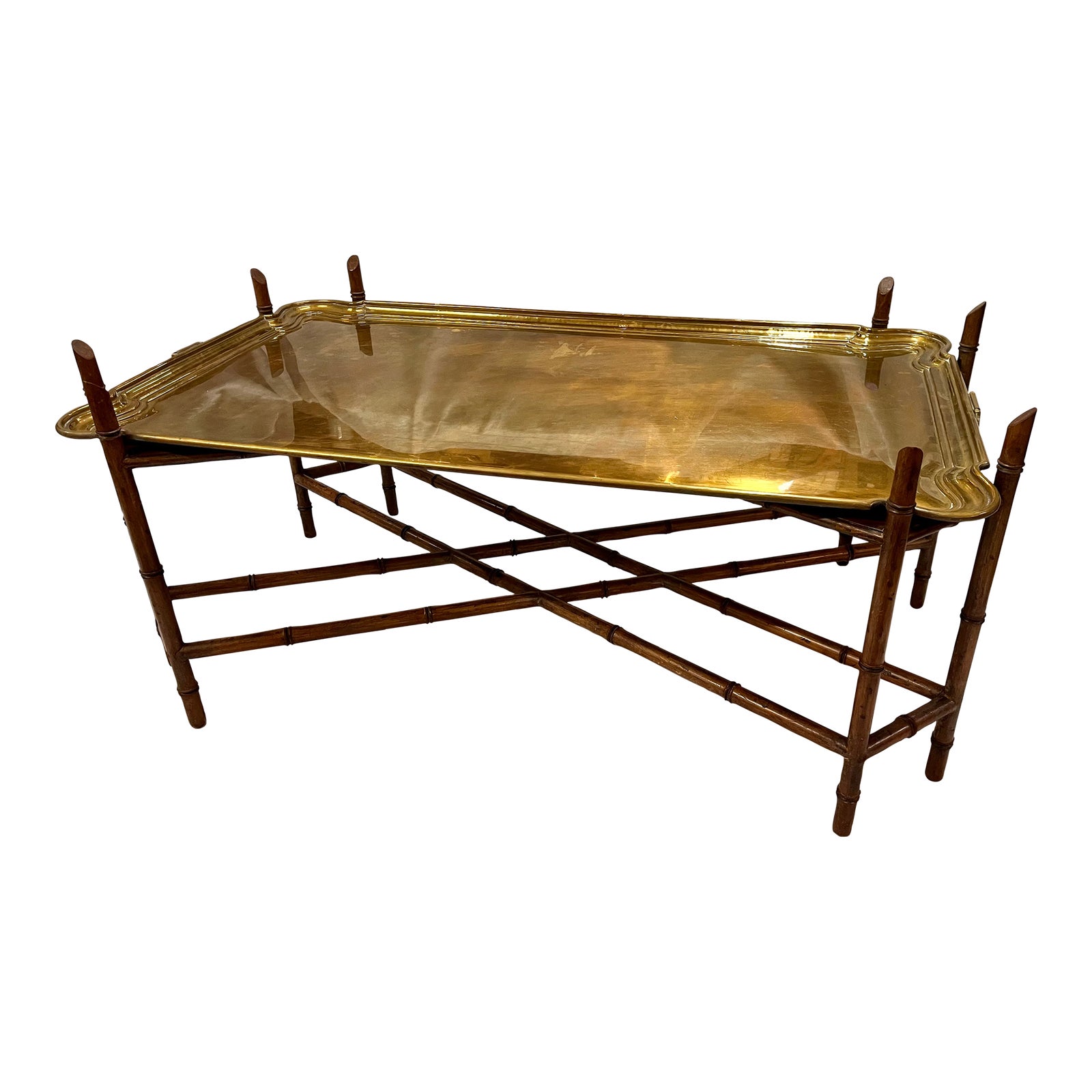Vintage Bamboo Coffee Table With Brass Tray | Chairish