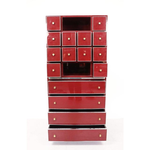 Mid-Century Red Cabinet Secretary in Brass, Chrome and Lacquer attributed to Michel Pigneres, 1970s For Sale - Image 4 of 6