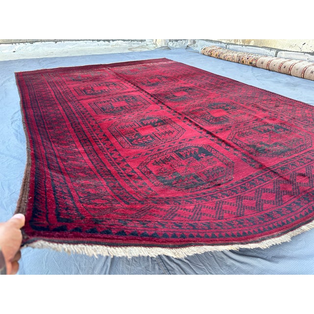 Islamic Vintage Red Afghan Ersari Hand-Knotted Wool Rug - 7'1" X 10'1" For Sale - Image 3 of 11