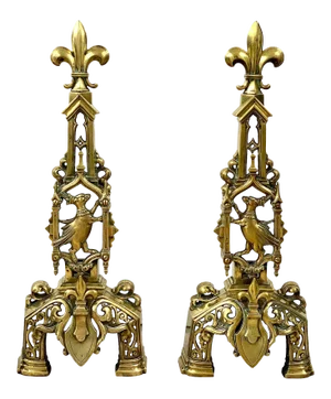 19th C. French Gothic Revival Brass Andirons- a Pair