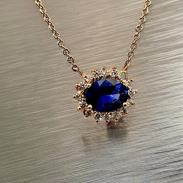 2010s Natural Sapphire Diamond Halo Pendant With Chain 18" 14k YG 1.67 TCW Certified For Sale - Image 5 of 15