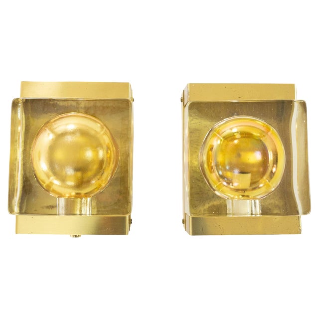 Gold Maritim Glass and Brass Wall Lamps by Vitrika, 1970s, Set of 2 For Sale
